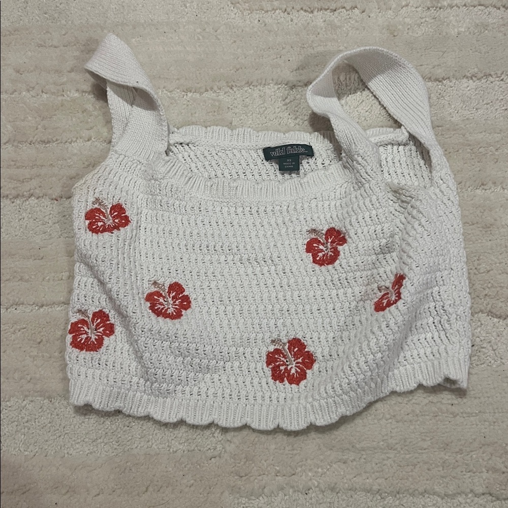 White Knit Tank Top with Red Floral Design